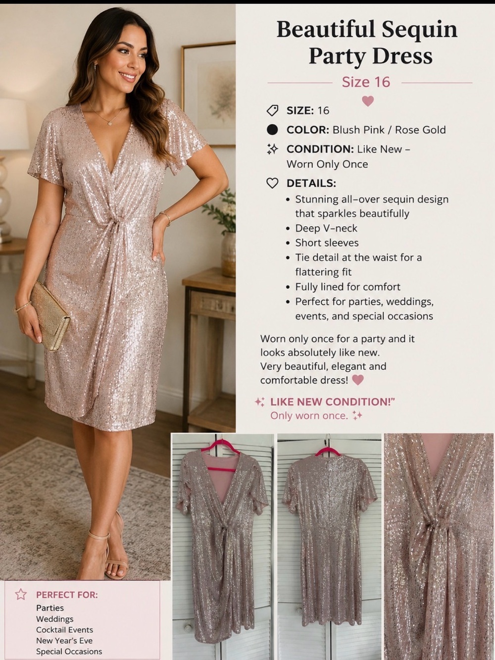 Rose Gold Sequin Wrap Party Dress Fully Lined – Size 16